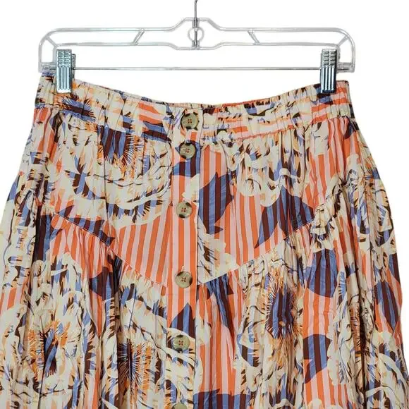 Anthropologie Stripe Floral Button Front A-Line Midi Skirt Cotton Red Blue S - Picture 3 of 15